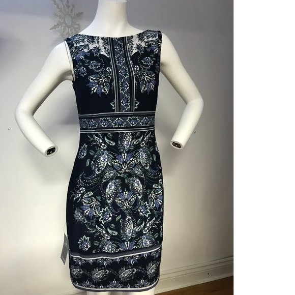 NEW Le Chateau blue Paisley floral ethnic Ukrainian Polish Slavic bodycon dress - Picture 1 of 7